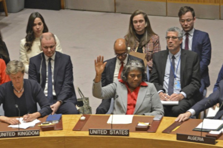 Members of the U.S. delegation to the United Nations hang their heads in shame as Ambassador Linda Thomas-Greenfield indicates the U.S. abstention, allowing an anti-Israel resolution to pass—one of several betrayals that marred Team Biden's record of support for Israel.