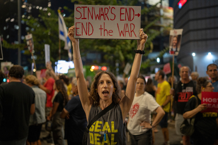 Demonstrator echoes Biden-Harris calls for a ceasefire and release of hostages after Isreal’s killing of Hamas leader Yahya Sinwar. But Hamas still refuses to give up any hostages unless Israel quits the fight to destroy its terrorist enemy. No wonder Israel insists on victory in Gaza.