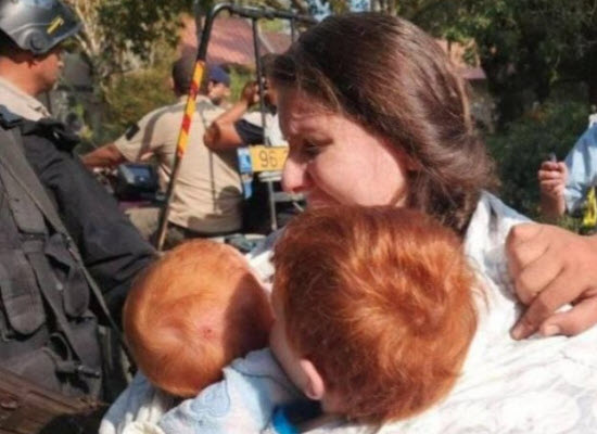 Iconic photo of Shiri Bibas holding her two sons as they were abducted from home in Israel by Hamas terrorists. The discovery that mother and children were murdered bare handed by captors caused many Israelis to conclude they can no longer live beside those who want only to kill them.