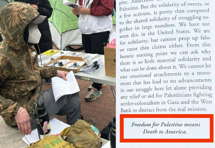 Anti-Israel protesters also frequently chant “Death to America!” At the University of Michigan recently, protest leaders distributed an ideological pamphlet clarifying the connection: “Freedom for Palestine means Death to America.” (Josh Brown)