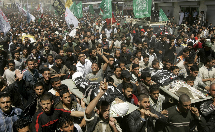 Palestinians gather to mourn victims of Hamas’s war with Israel, when the IDF attacked a cell of terrorists, killing six, including a bombmaker’s 5-year-old daughter. Israel is frequently blamed for Palestinian civilian deaths, even as terrorists illegally hide among innocents